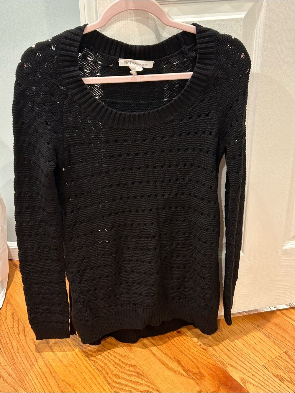 BCBGeneration Black Open-Weave Crewneck Sweater Size S